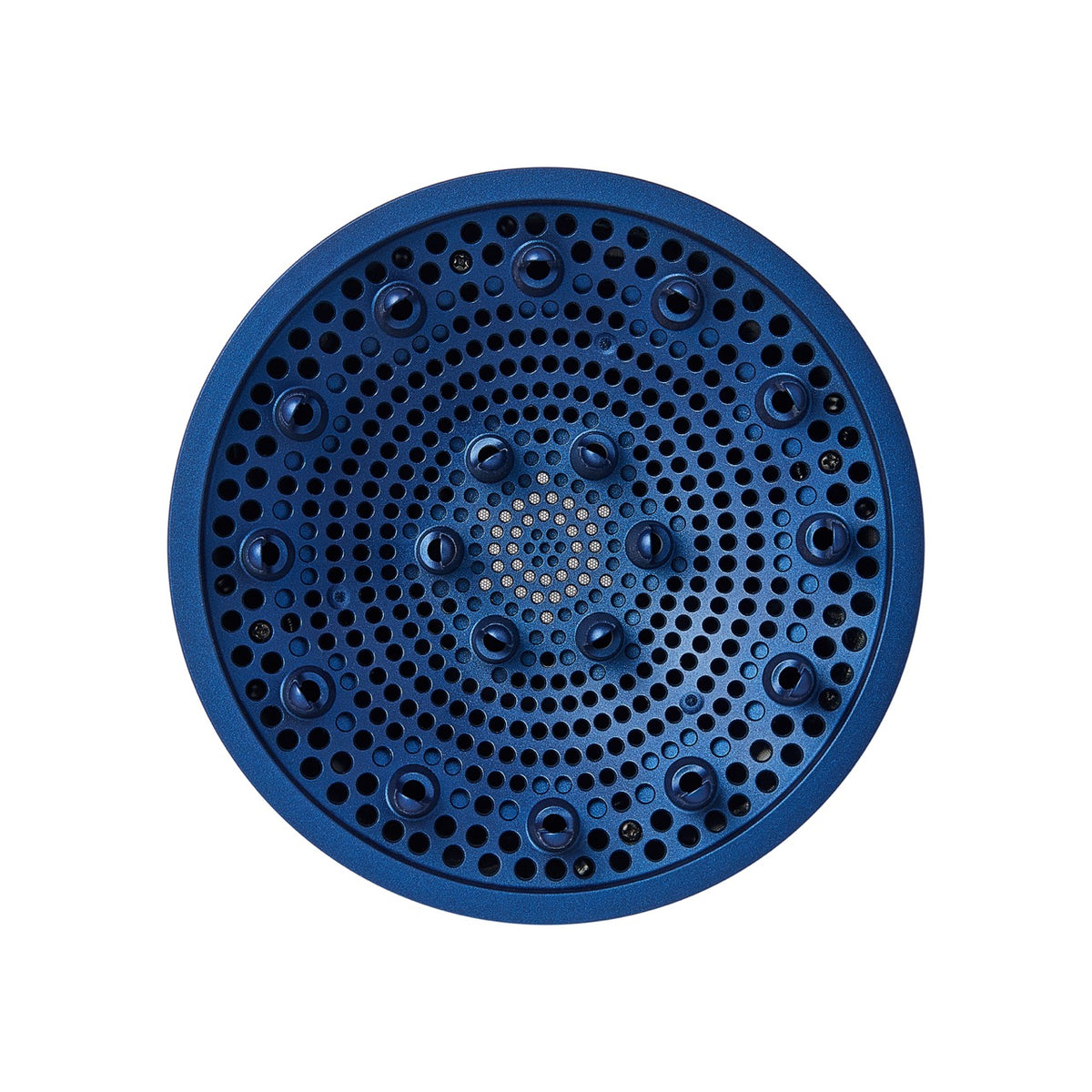 front facing view of a blue hair diffuser attachment
