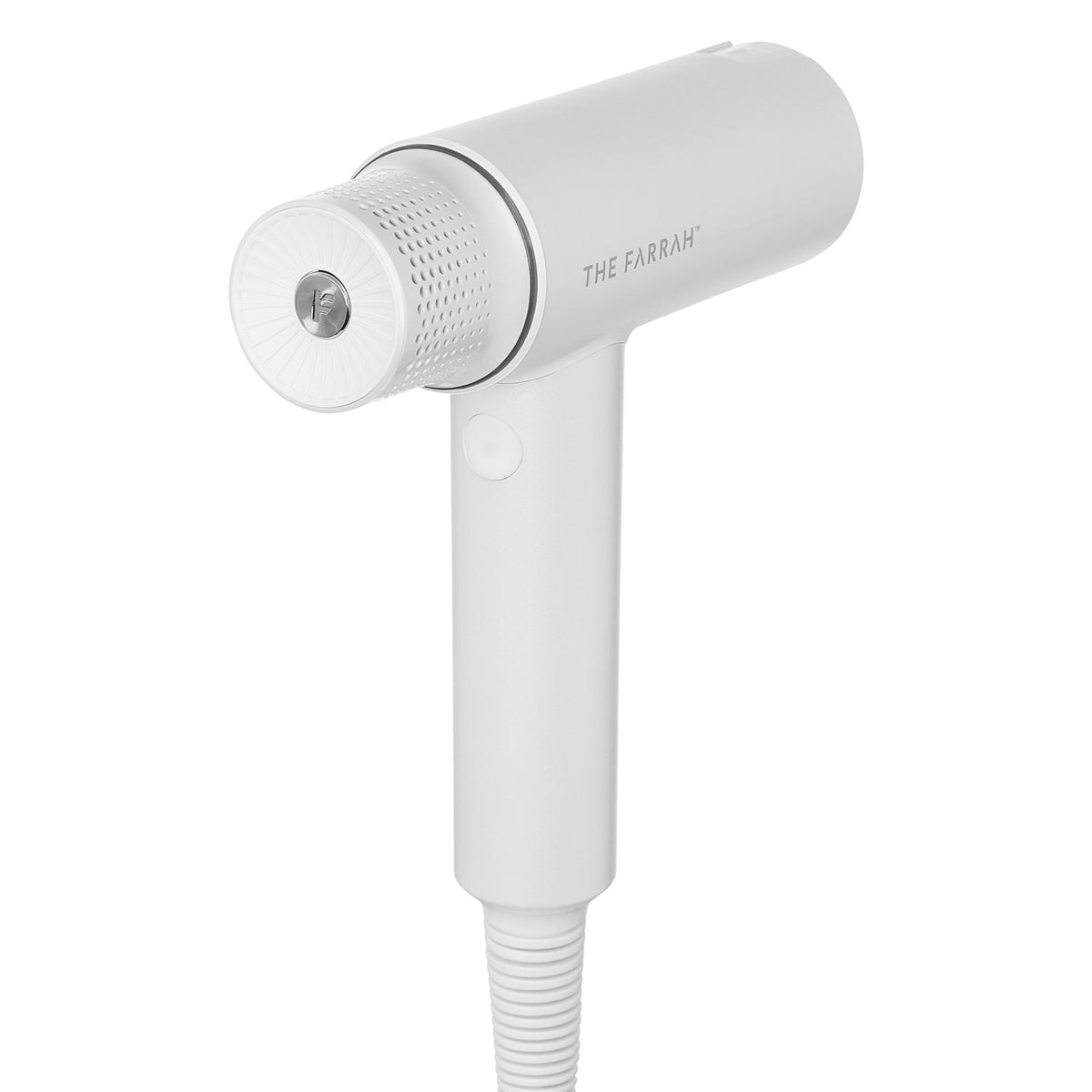back vent view of a white hair dryer on white background