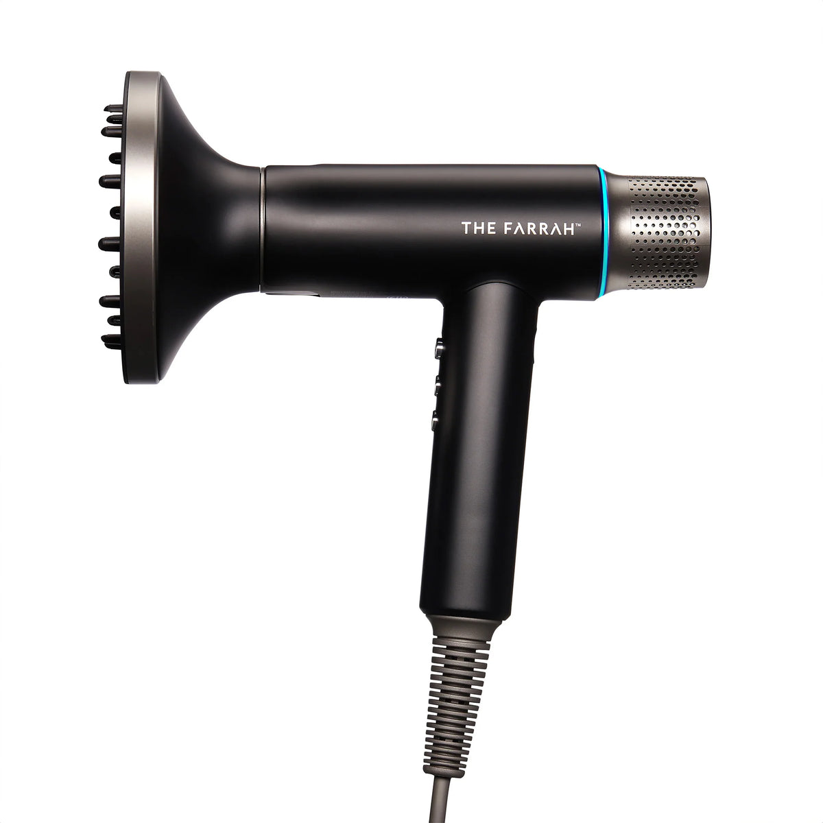 side view of black farrah airpulse dryer with diffuser attachment 