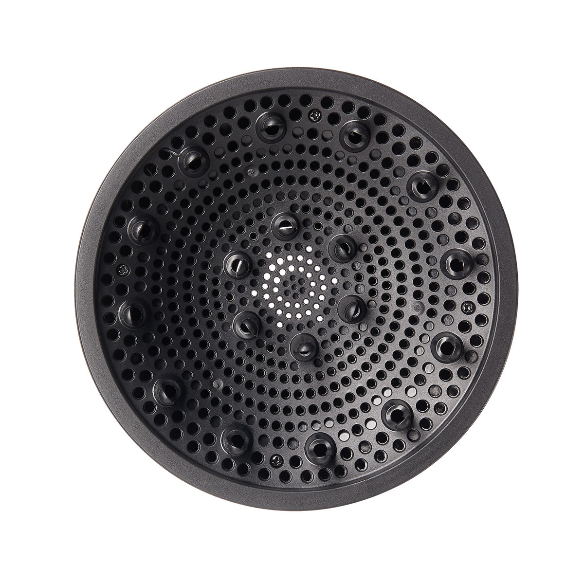 front facing view of a black hair diffuser attachment 