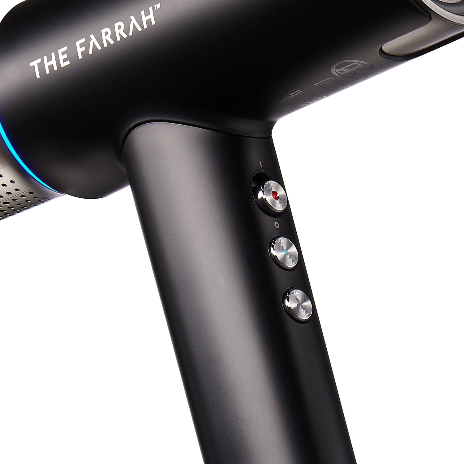 closeup view of the buttons on handle of black farrah airpulse dryer 