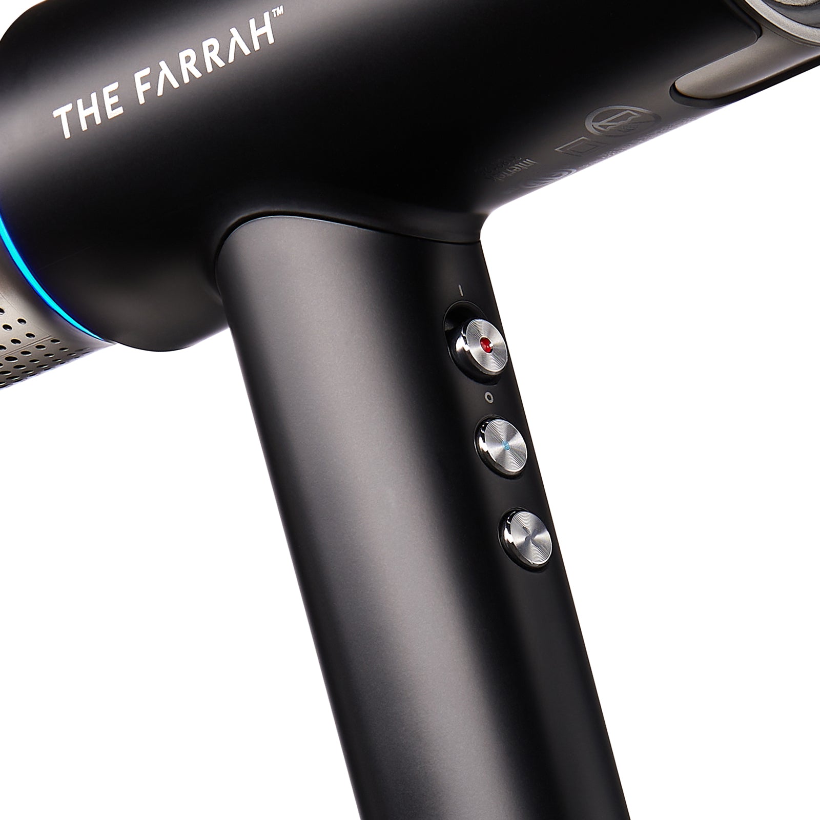 closeup view of the buttons on handle of black farrah airpulse dryer 