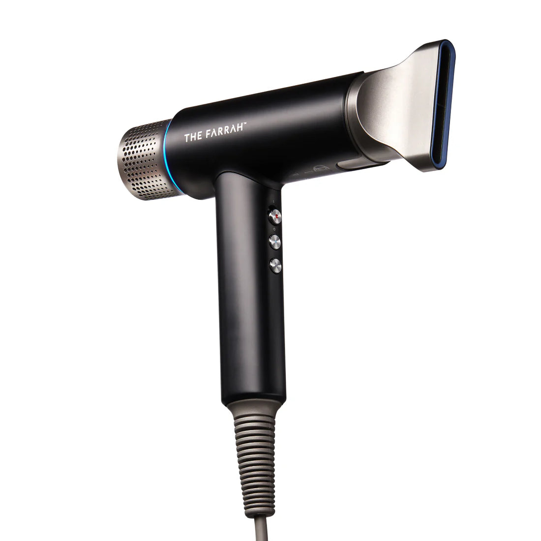 angled view of black farrah hair dryer with concentrator attachment 