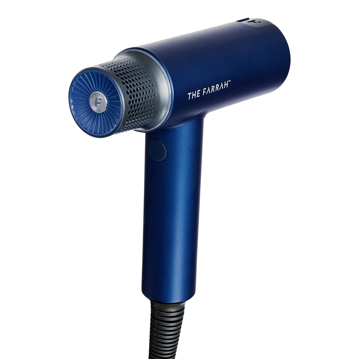back vent view of blue hair dryer 