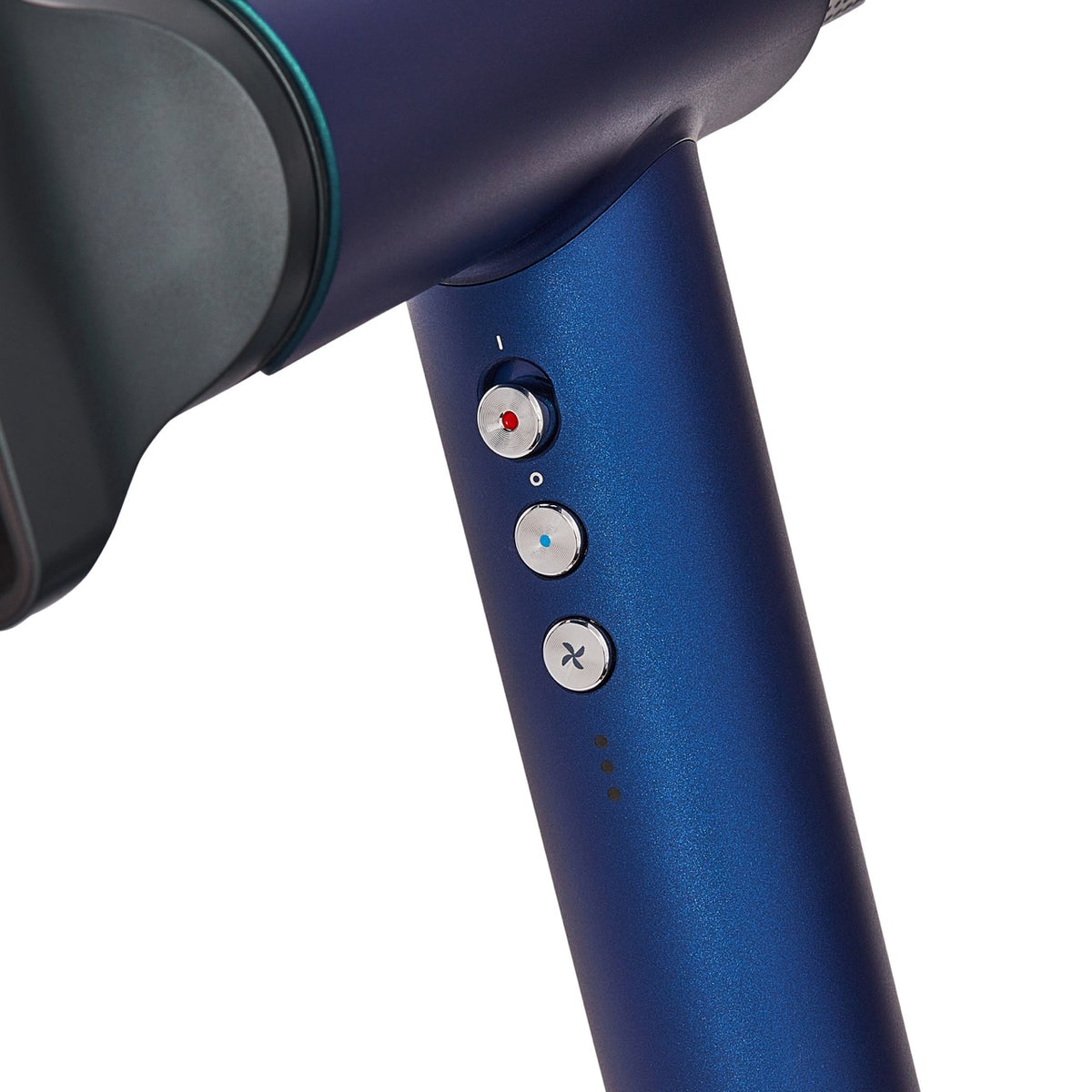 closeup of the buttons on the handle of a blue hair dryer 