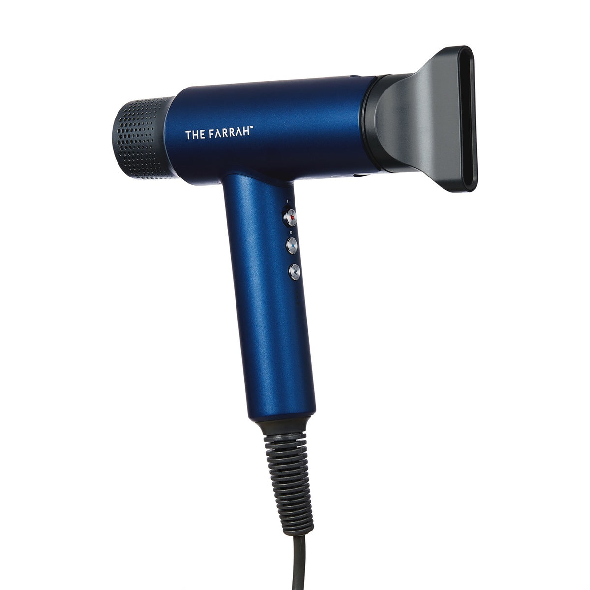 angled view of a blue airpulse hair dryer with concentrator attachment 