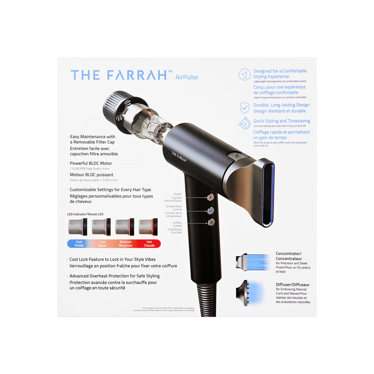 angled back of package for the farrah hair dryer listing product information 