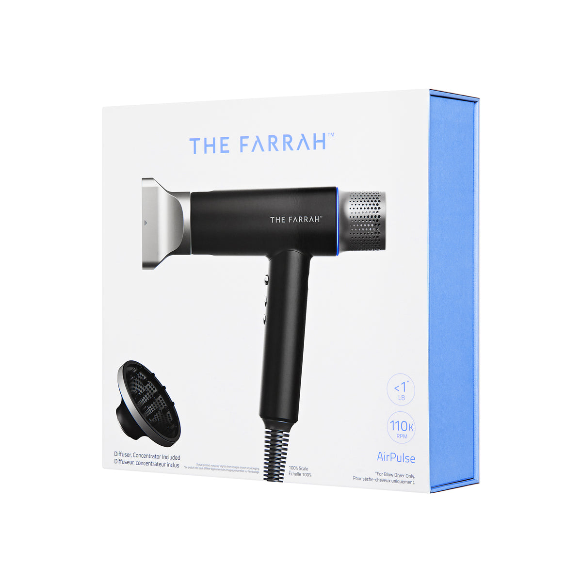 angled front of package for the farrah hair dryer 