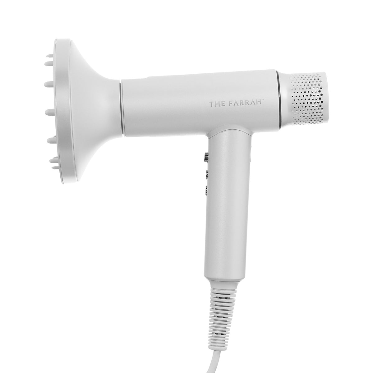 side angle of white airpulse dryer with hair diffuser attachment 