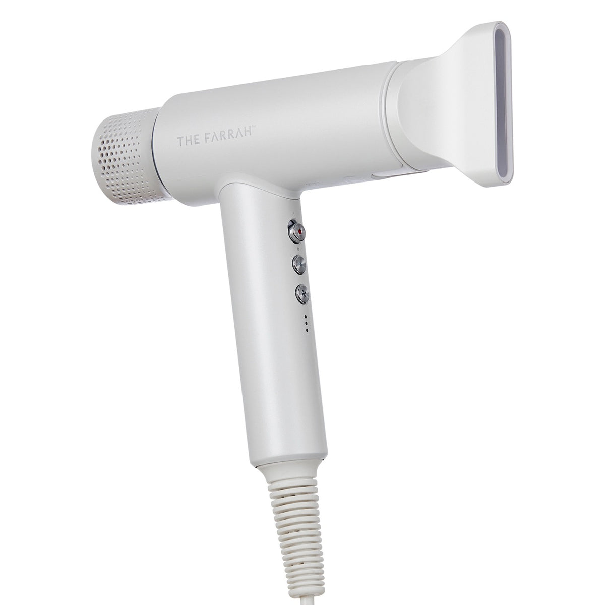 side angle of a white hair dryer with concentrator attachment  
