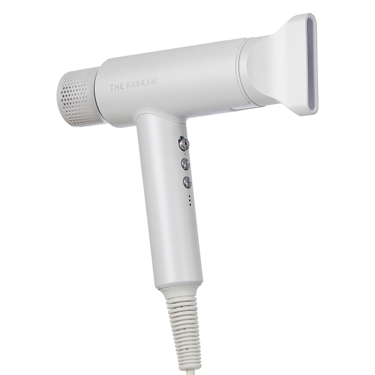 side angle of a white hair dryer with concentrator attachment  